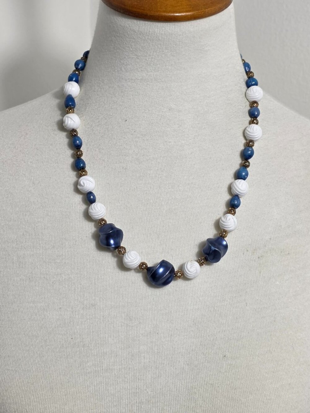 Vintage Necklace Chunky Blue and White Beads with Gold Tone Accents